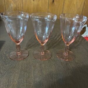 Vintage Lot Of 3 Pink Glass Wine Water Goblet Glasses Optic Panel Depression